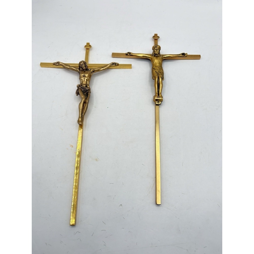 Lot Of 2 Gold Metal Brass Crucifix Jesus On Cross 10"